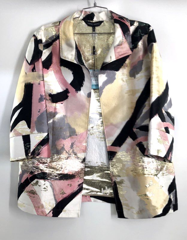 Ming Wang Women's Blazer Multicolor Metallic Abstract Open Front NWT Sz L