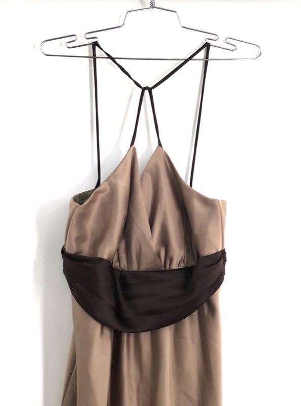 Siri Women's Yolanda 2 Dress Cafe Brown Halter Neck Satin Sash Midi Sz M