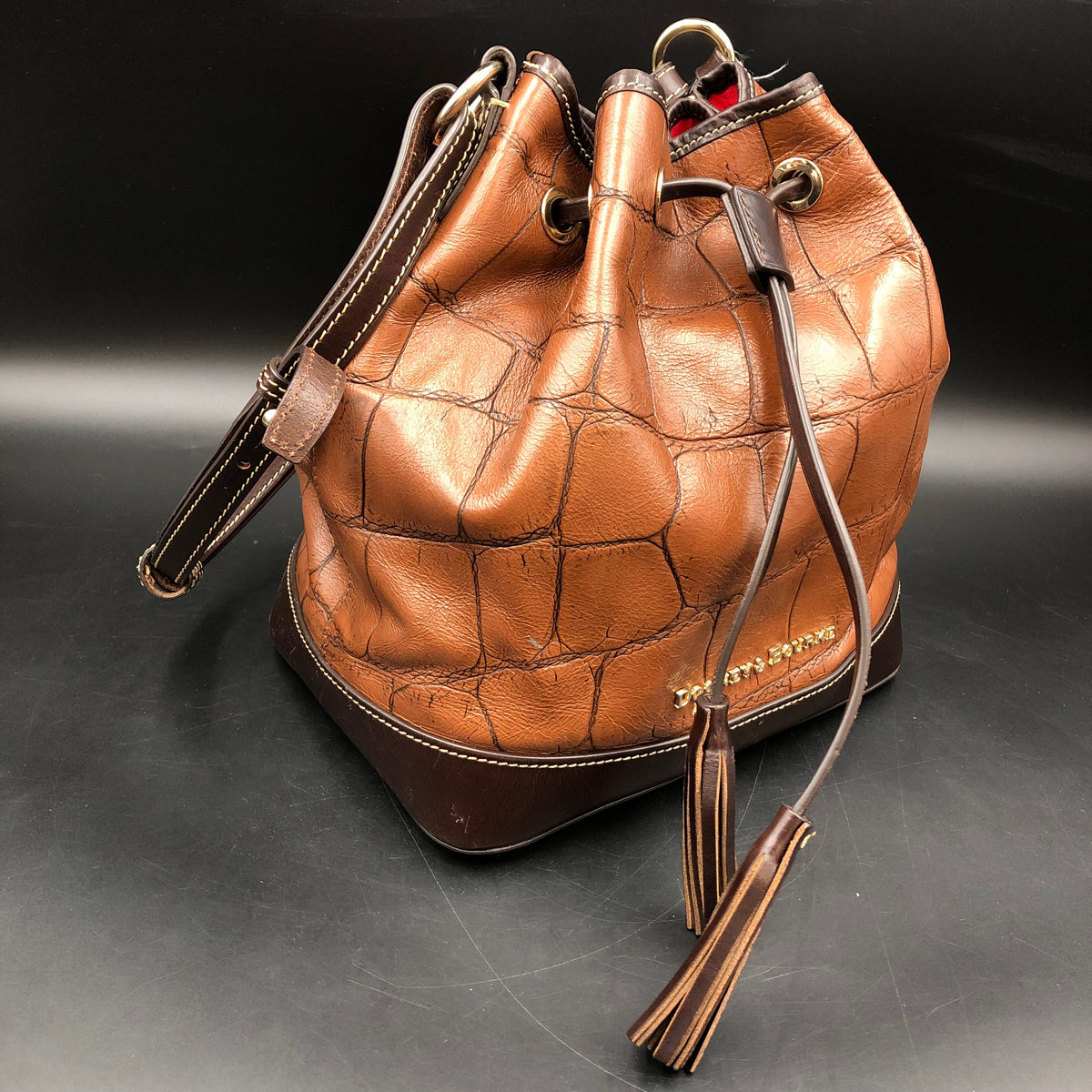 Dooney & Bourke Cognac Brown Leather Denison Bucket Bag Gold Hardware COA