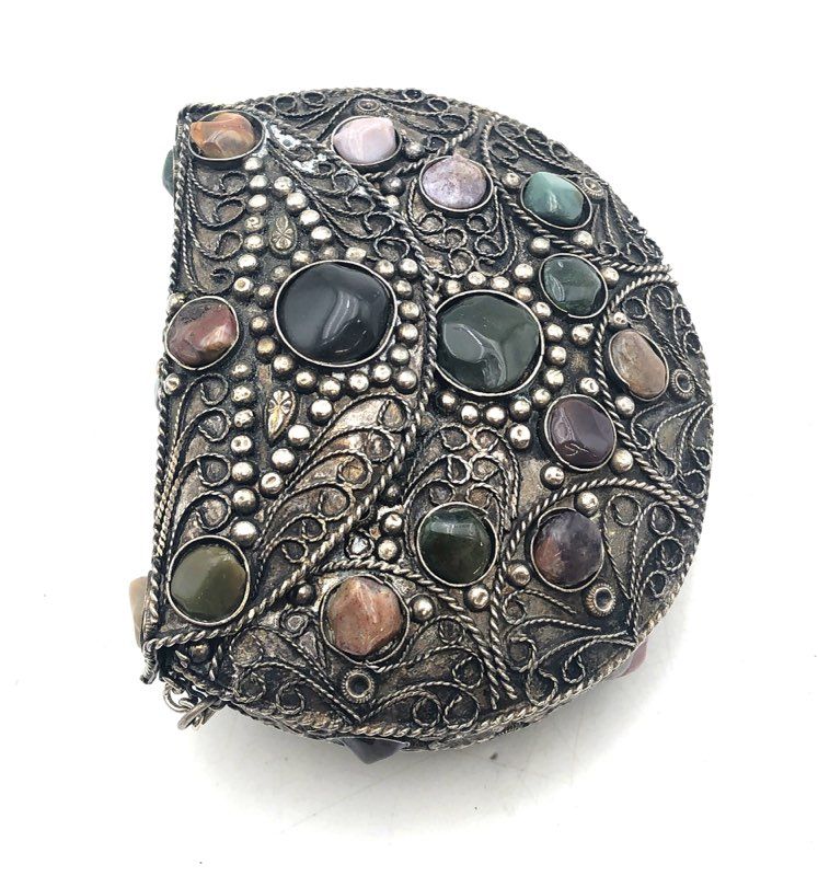 Vintage Sajai Handcrafted Metal Filigree Multi-Stone Evening Bag Crossbody