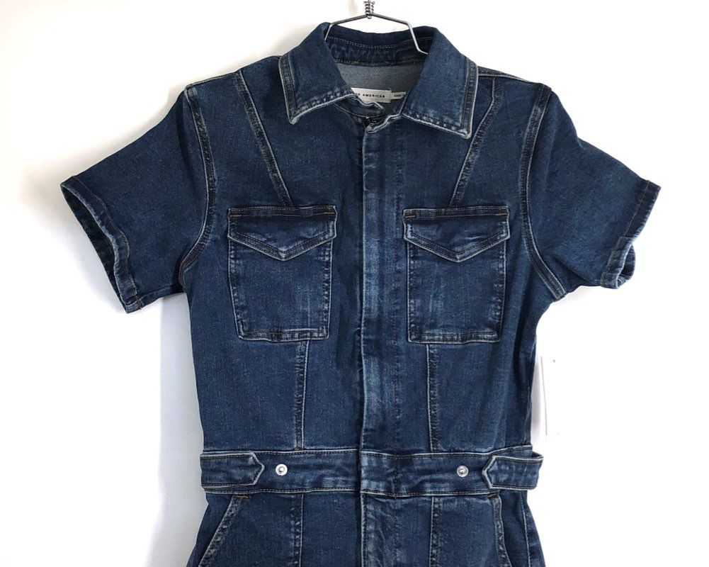 Good American Women's Indigo Blue Denim Utility Maxi Dress Short Sleeve NWT Sz S