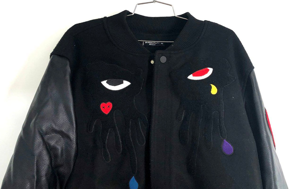 Roku Studio Men's Graphic Varsity Jacket Black Faux Leather Sleeve Sz 3XL