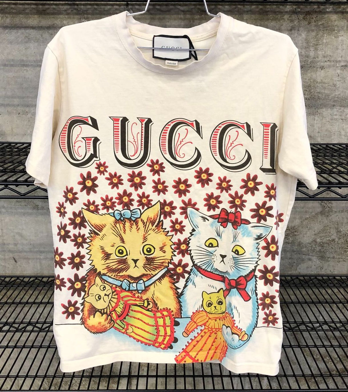 Gucci Inspired Men's Cream/Beige Cats & Dolls Print Designer T-Shirt - Size S