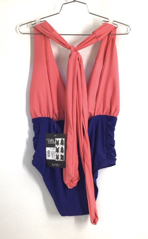 Nicole Miller Women's One-Piece Swimsuit Navy Coral Convertible Ruched Sz L NWT