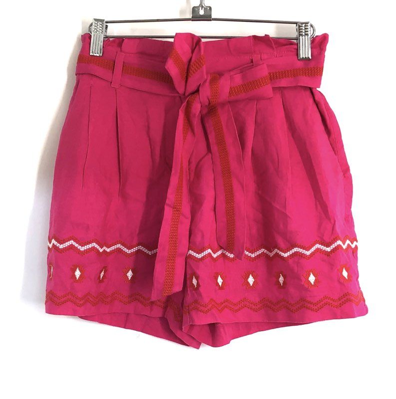 LOFT Women's Pink Embroidered Paperbag Waist Linen Blend Shorts Size XS NWT