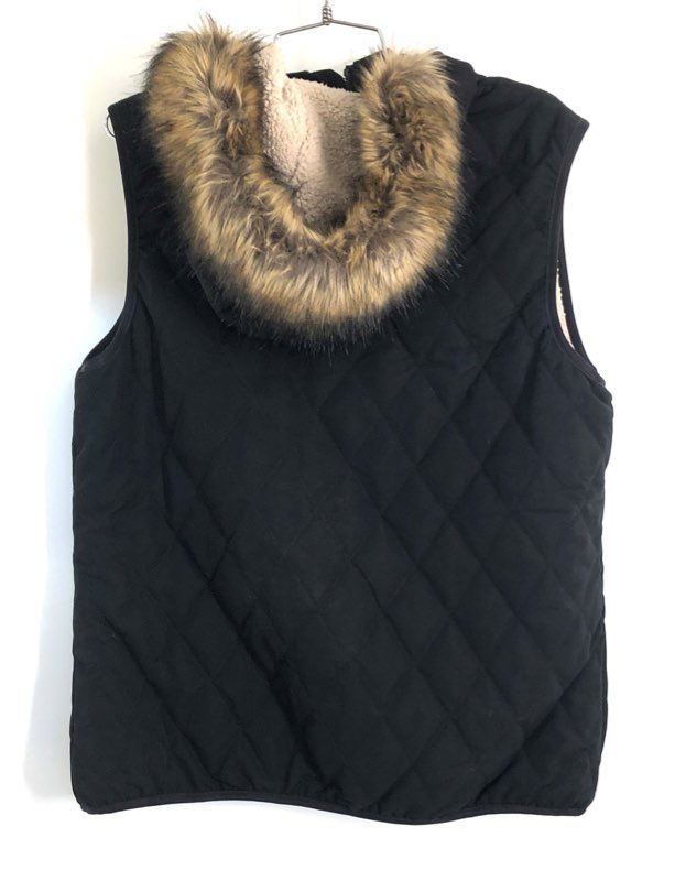 Eddie Bauer Women's Black Snowfurry Quilted Hooded Faux Fur Vest Sz L