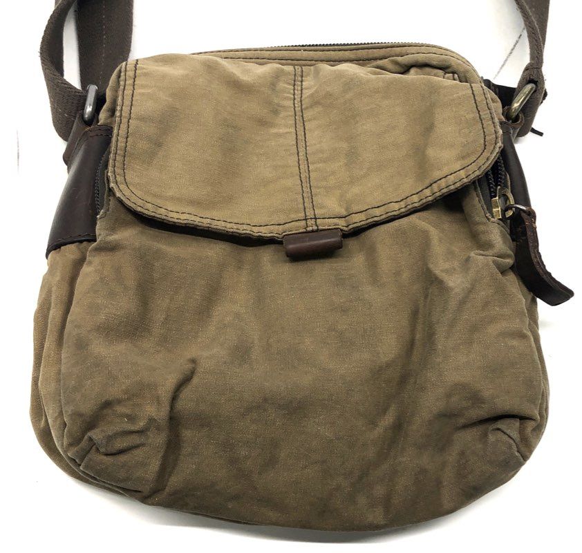 Fossil Olive Green Canvas Leather Messenger Crossbody Bag Flap Multi Pocket