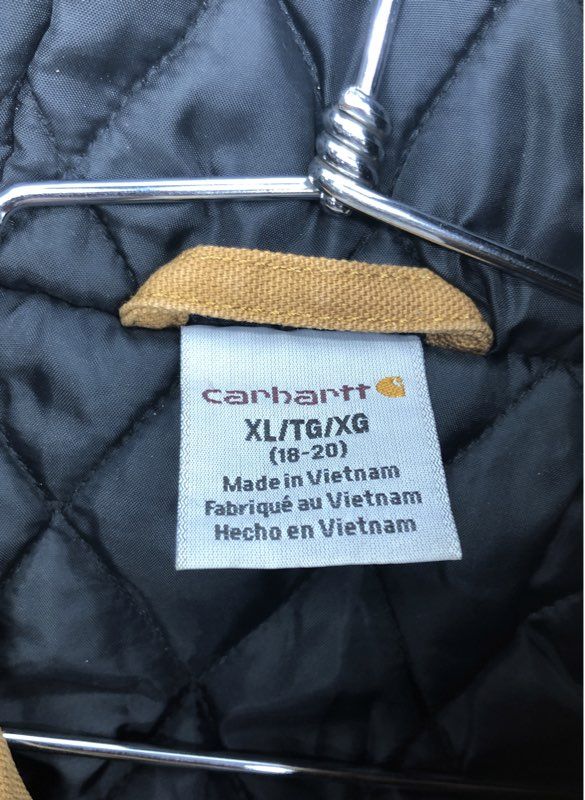 Carhartt Boys Brown Duck Canvas Quilt Lined Hooded Active Work Jacket Youth XL