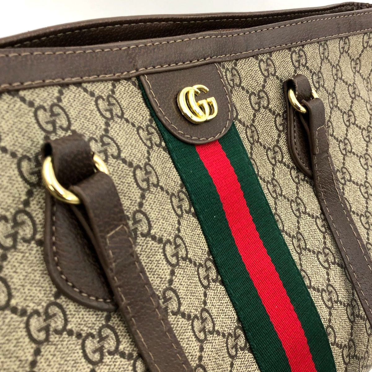 Gucci Inspired Ophidia Signature GG Canvas Print Tote with Green/Red Web Stripe