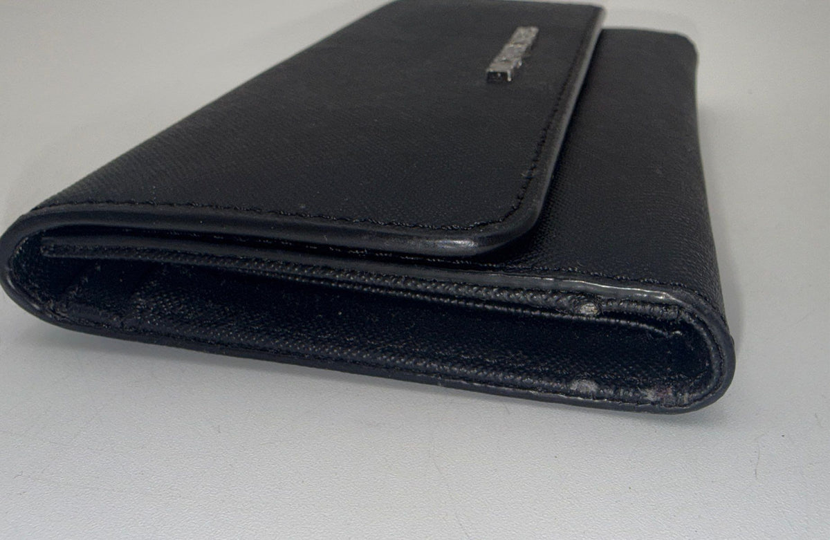 Michael Kors Black Saffiano Leather Trifold Flap Long Wallet Silver Hardware