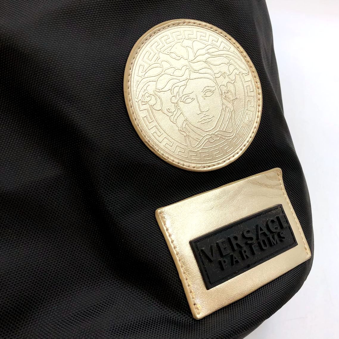 Versace Parfums Black Polyester Backpack with Metallic Gold Trim & Hardware