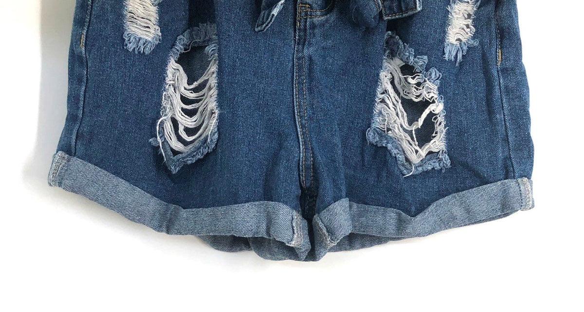 Denim Blvd Women's Blue Distressed Paperbag Waist Denim Shorts Ripped Sz S