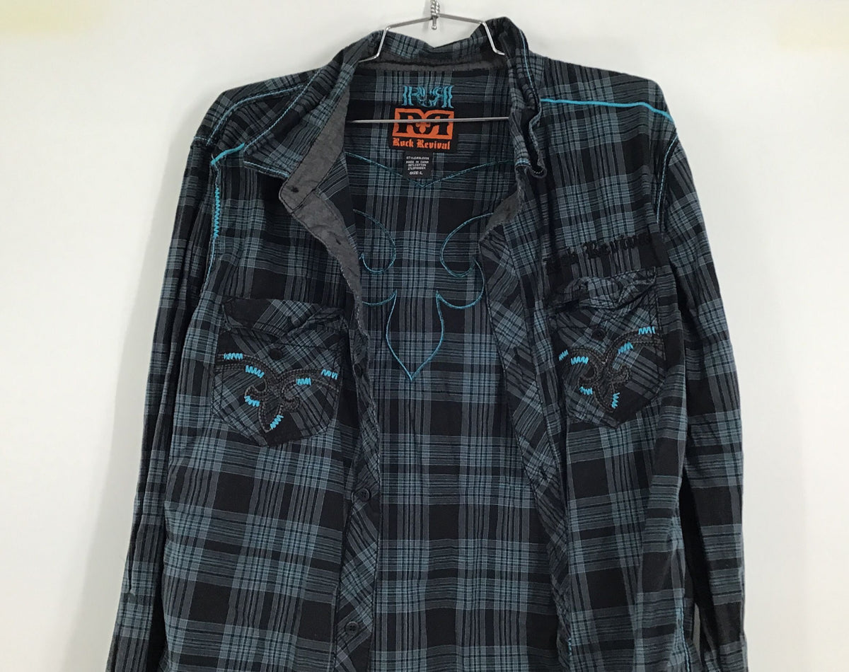 Rock Revival Men&#39;s Black Gray Plaid Button-Up Shirt - Size Large