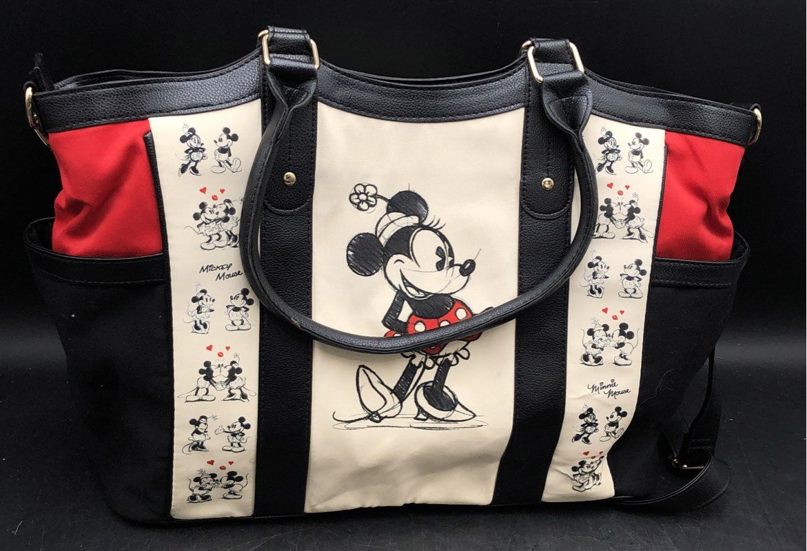 Disney Mickey & Minnie Mouse Sketch Tote Bag Black Red Canvas Shoulder Bag