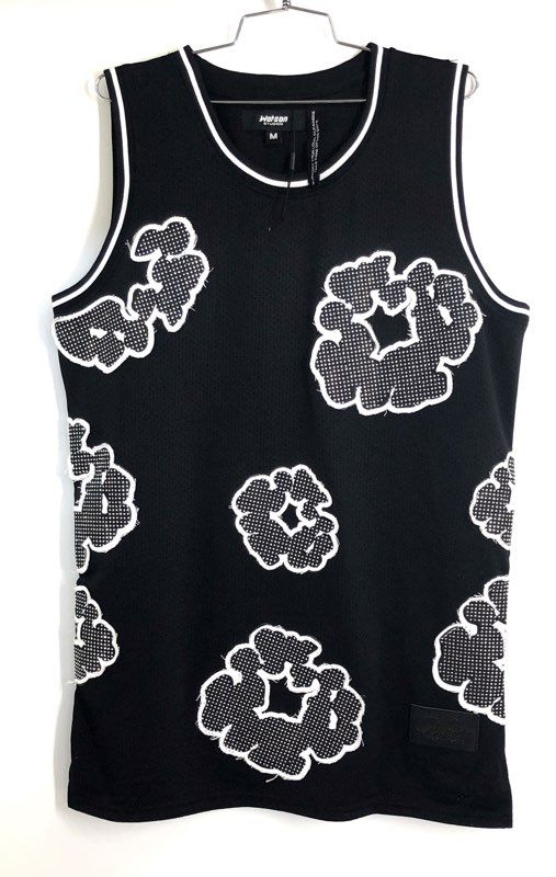 Watson Studios Men's Basketball Jersey Black Floral Patch Mesh Applique Sz M
