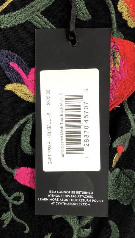Cynthia Rowley Women's Black Multi Floral Embroidered Mesh Peplum Top Sz S NWT