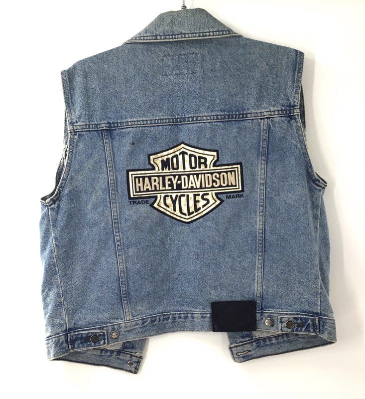 Vintage 90s Harley-Davidson Denim Trucker Back Patch Vest Made in Canada Sz M