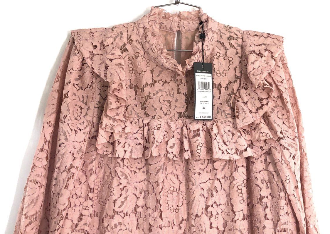 BCBGMAXAZRIA Women's Leonora Lace Ruffle Mini Dress Shadow Blush Pink Sz S NWT