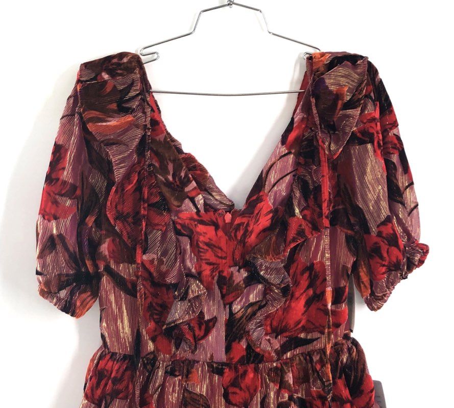 Adelyn Rae Women's Mini Dress Cherry Red Floral Metallic Tiered Ruffle Sz S NWT