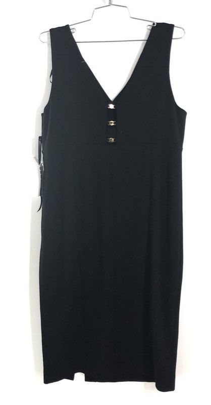 DKNY Women's Black V-Neck Gold Hardware Back Midi Sheath Dress Sz 12 NWT