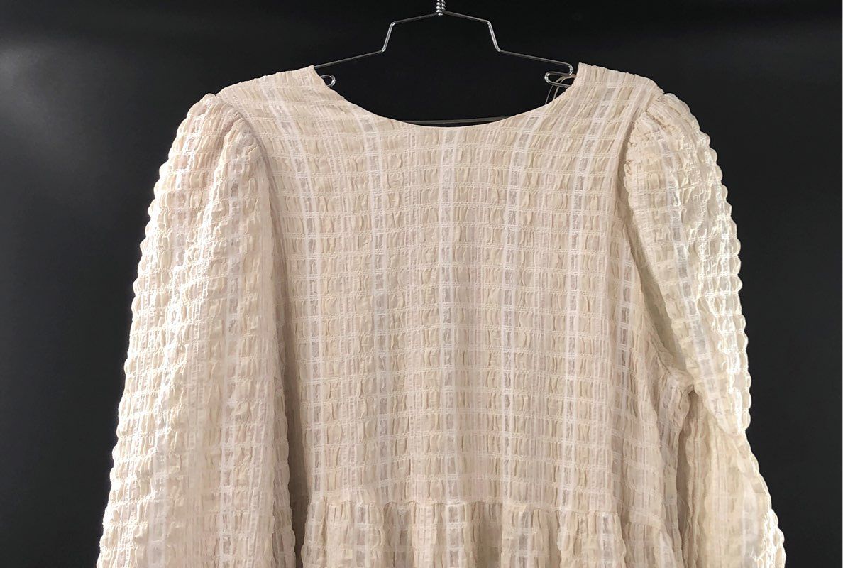 English Factory Women's Cream White Plaid Smocked Tiered Puff Sleeve Dress Sz 1X