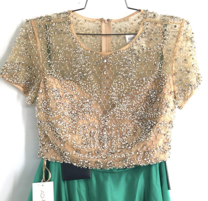 Ashley Lauren Women's Emerald Green 2 Piece Beaded Gown Satin Skirt Sz 2 NWT