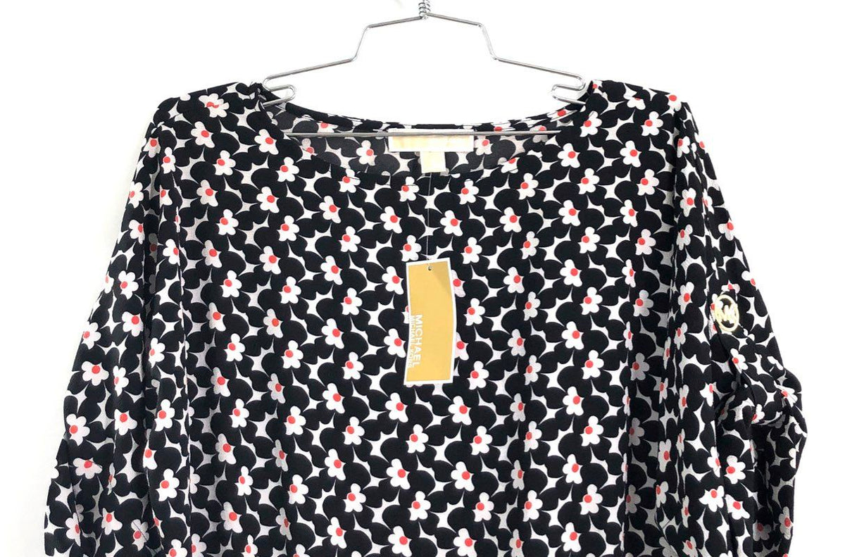 Michael Kors Women's Sangria Floral Smocked Blouse Black White Sz M NWT