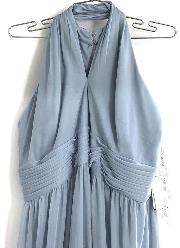 David's Bridal Women's Dusty Blue Chiffon Halter Gown Crisscross Sz 16 NWT