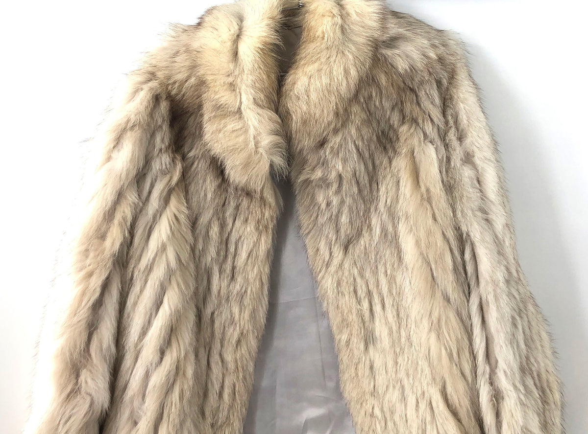 Vintage Women's Real Rabbit Fur Jacket Gray Cream Shawl Collar Coat Sz S
