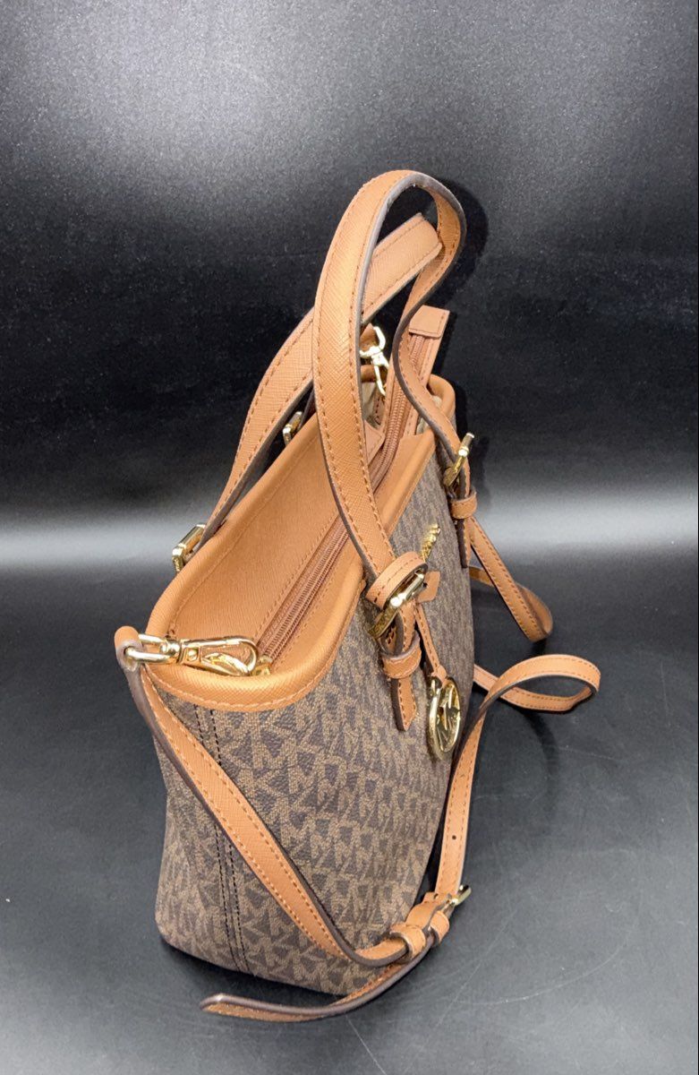 Michael Kors Brown Monogram Jet Set Travel Medium Top Zip Tote Gold Hardware