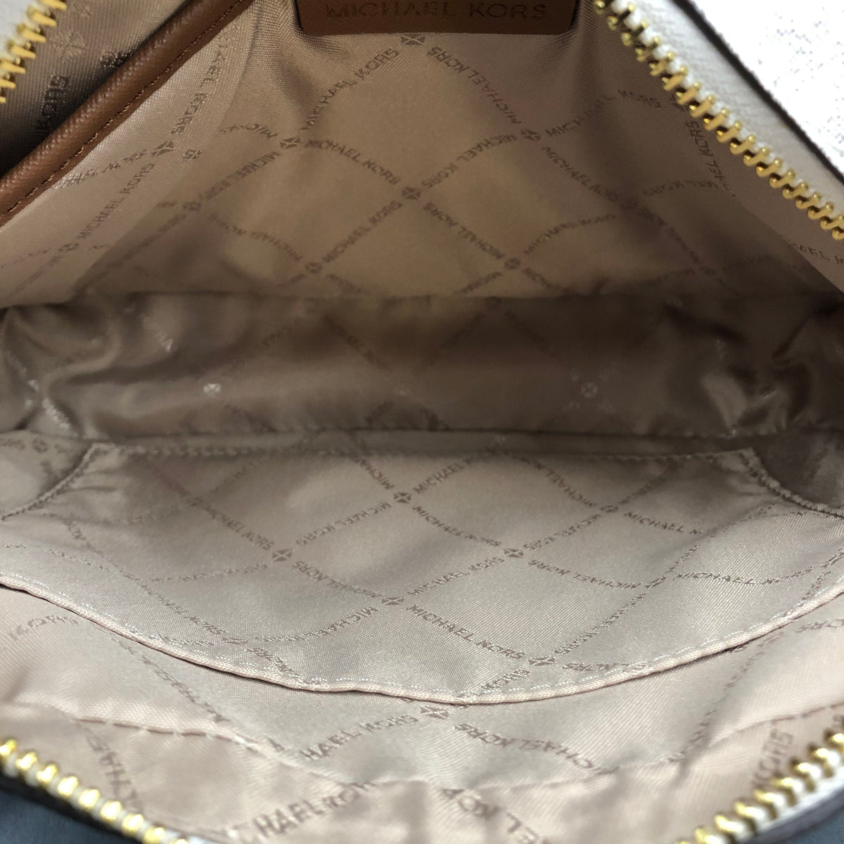 Michael Kors Ivory Brown Jet Set Camera Crossbody Bag Gold Hardware COA
