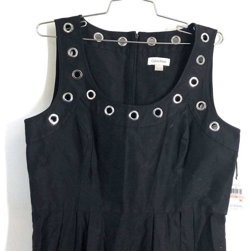 Calvin Klein Women's Black Grommet Eyelet Pleated Fit & Flare Dress NWT Sz 12
