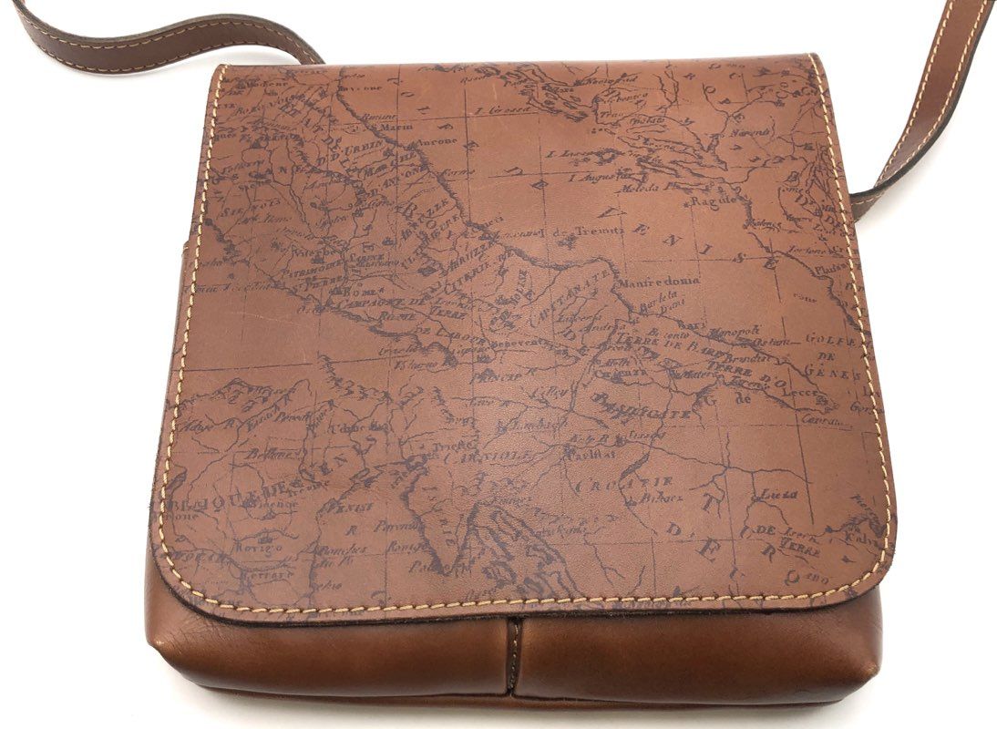 Patricia Nash Brown Leather Italian Map Print Crossbody Flap Messenger Bag