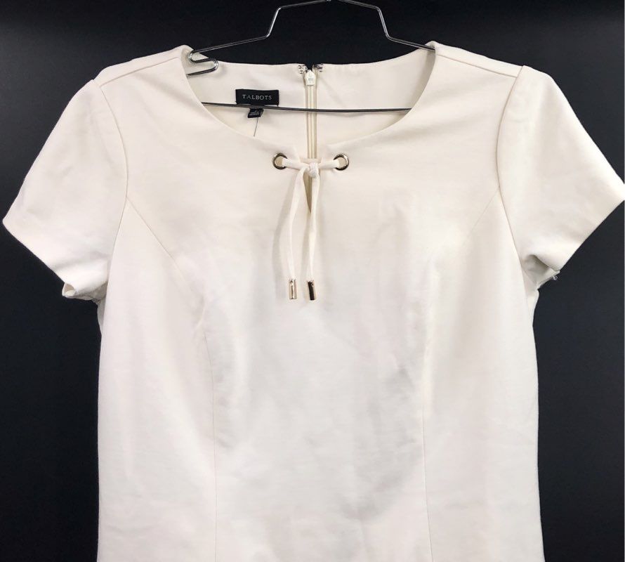 Talbots Women's White Short Sleeve Keyhole Tie Neckline Sheath Dress Sz 2 NWT