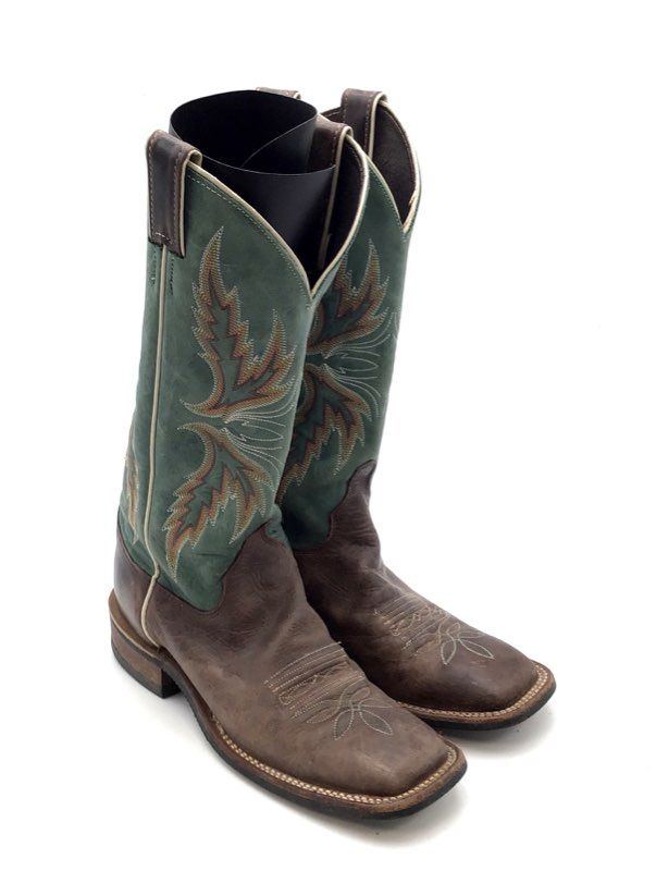 Justin BRL335 Bent Rail Chocolate Blue Cowhide Western Boots Size 7.5B