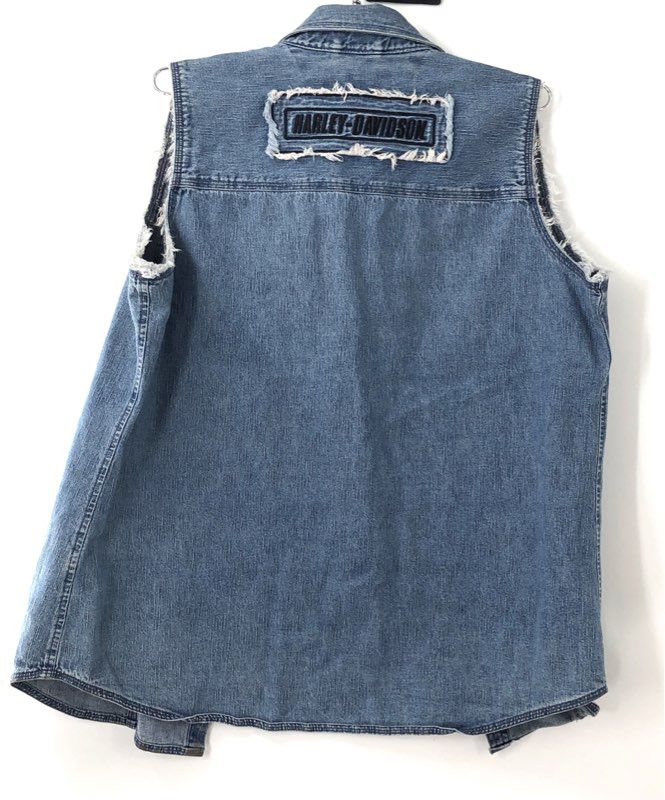 Vintage 90s Harley-Davidson Denim Cut Off Biker Vest Frayed Sleeves Sz XL