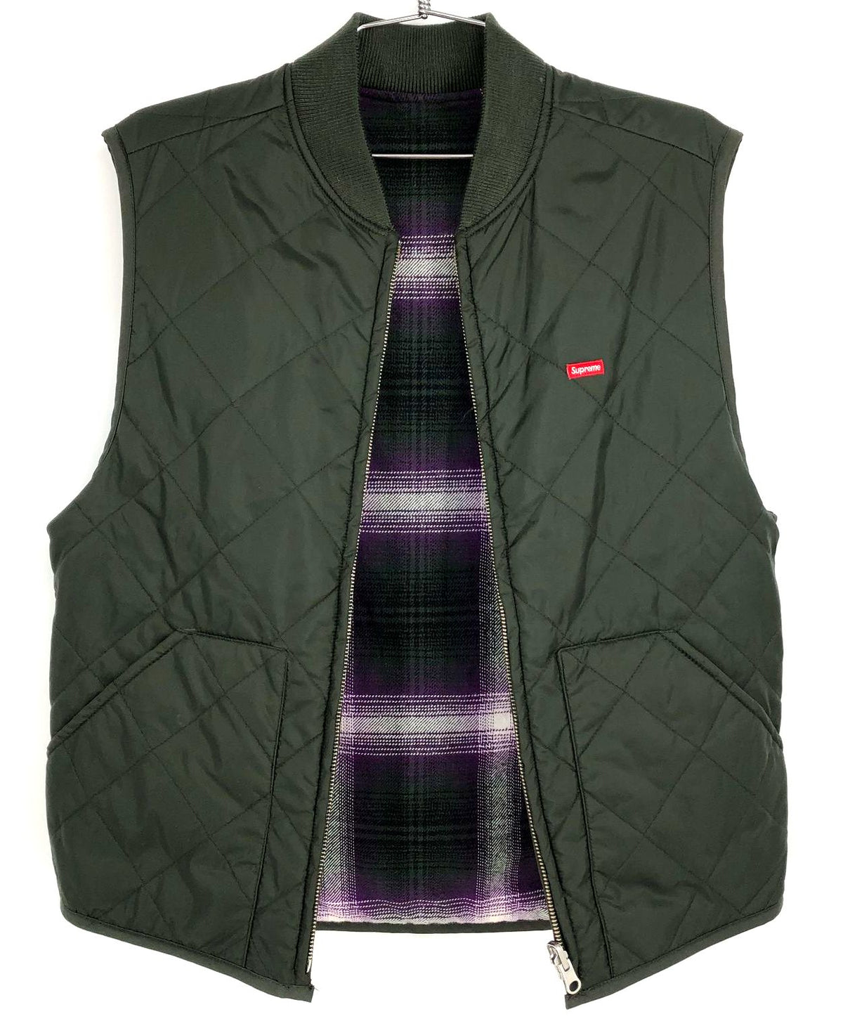 NWT Supreme Men&#39;s Purple/Olive Green Reversible Shadow Plaid Zip Vest - Size S