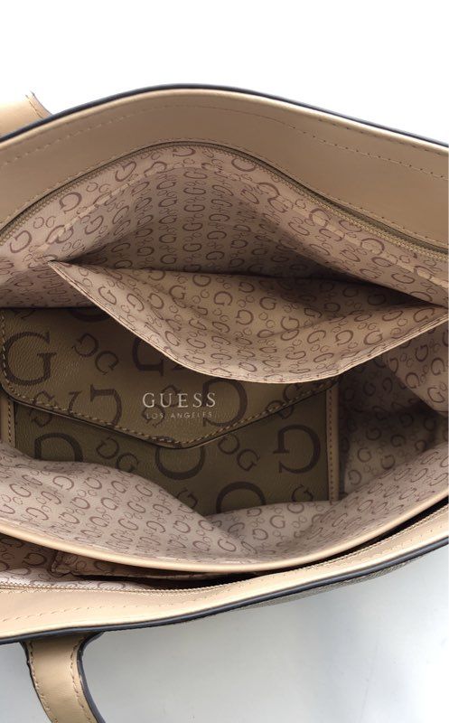 Guess Beige Brown Monogram G Logo Tote Bag Handbag with Matching Pouch Set
