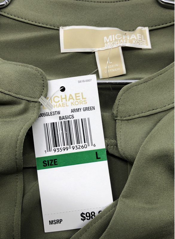 Michael Kors Women's Army Green Gold Zip Front Tunic Blouse Long Sleeve Sz L NWT