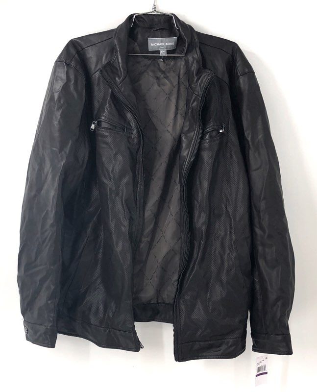 Michael Kors Men's Faux Leather Racer Jacket Espresso Perforated NWT Sz 2XL