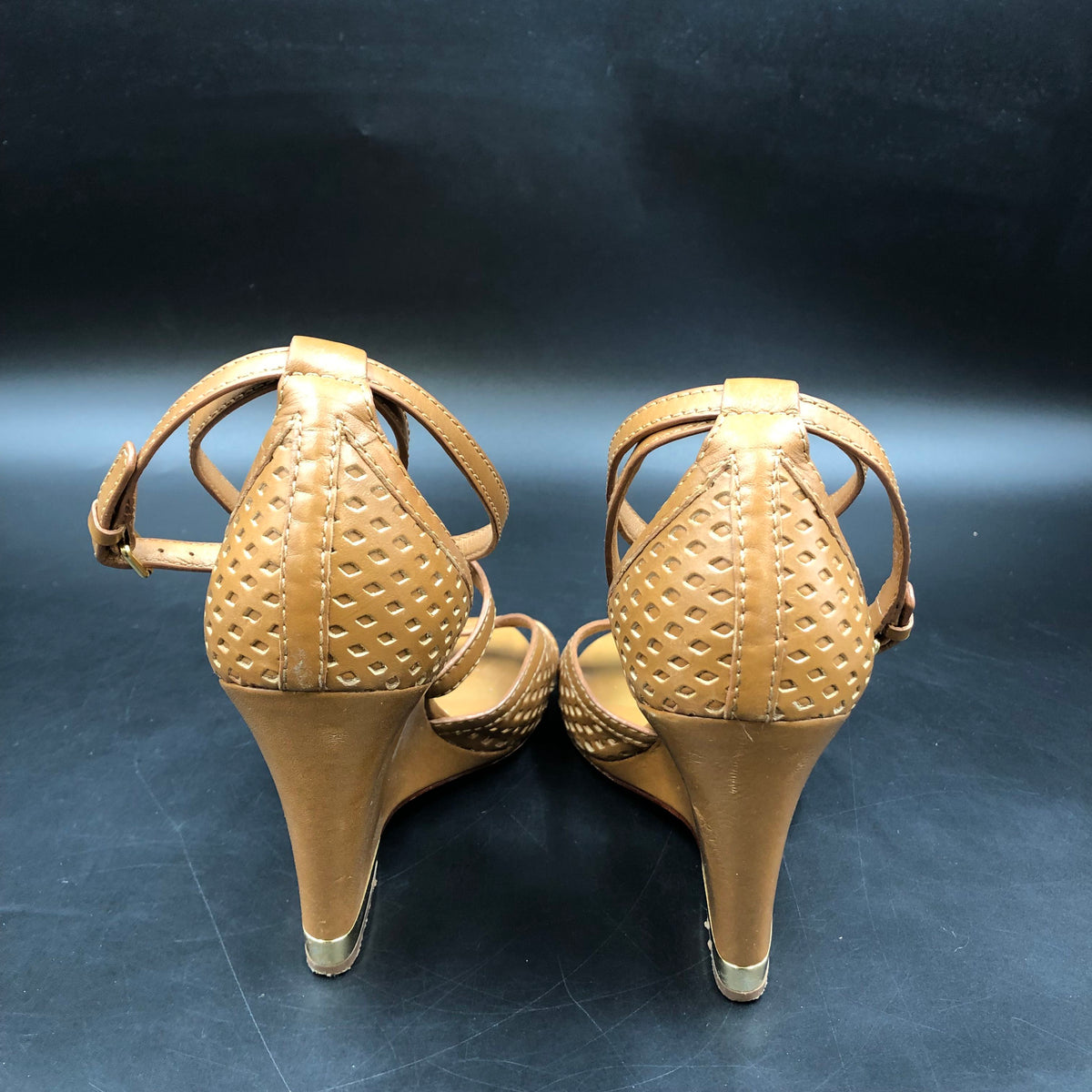 Tory Burch Gigi Light Brown Leather Peep Toe Wedge Sandals Size 7 COA