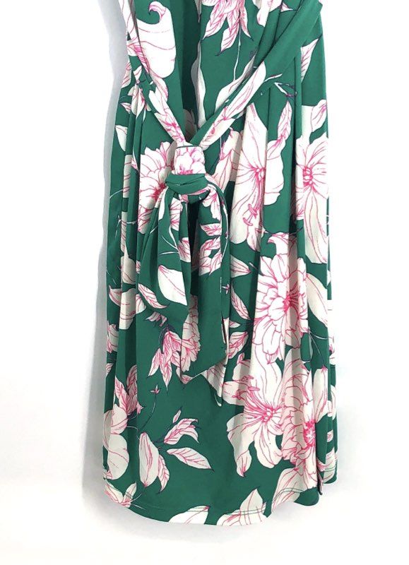 Eliza J Women's Green Floral Surplice Faux Wrap Tie Waist Dress Pink Sz 10 NWT