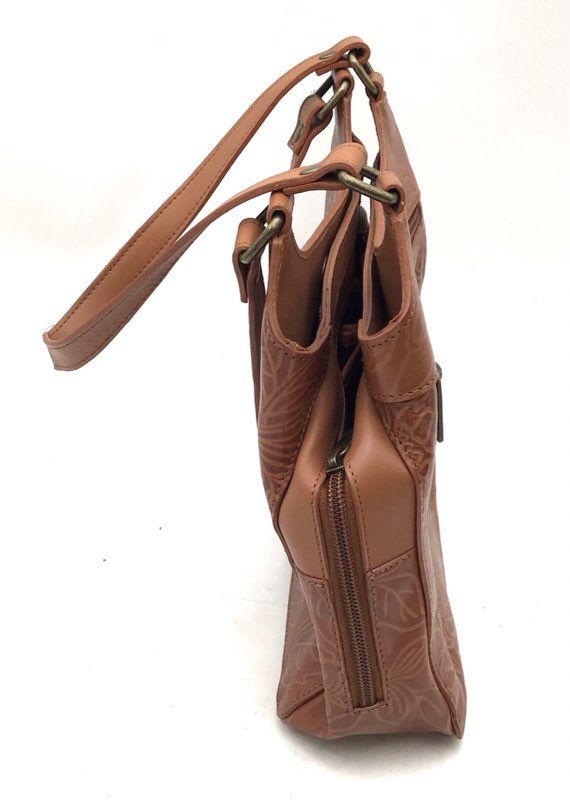Anuschka Tan Brown Embossed Leather Floral Butterfly Shoulder Bag Handbag