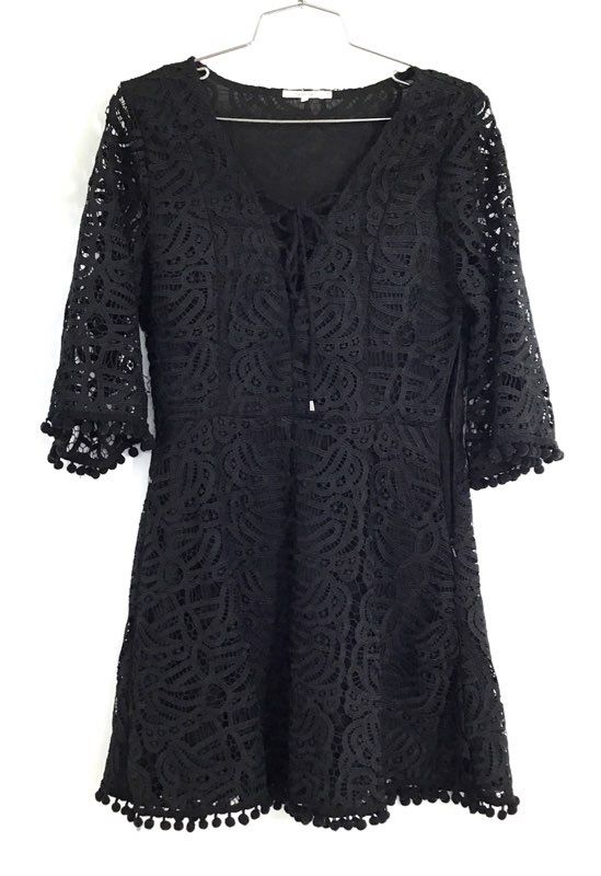 Tularosa Women's Black Lace Mini Dress Lace-up Front Pom Pom Trim Sz S