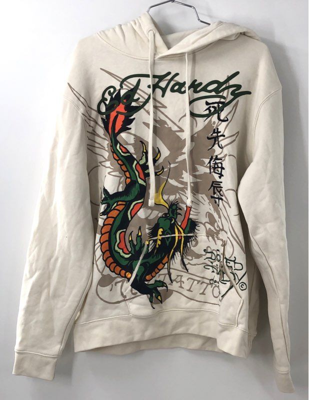 Vintage Y2K Ed Hardy Men's Cream Dragon Tattoo Graphic Pullover Hoodie Sz L