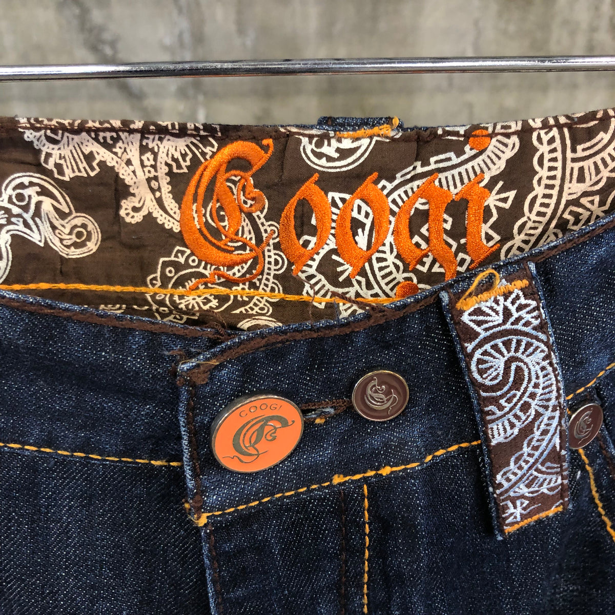 Coogi Men's Indigo Blue Denim Shorts with Orange Embroidery - Size 34