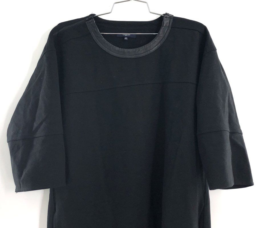 Madewell Women's Black Shift Dress Leather Trim Neckline 3/4 Sleeve Size M