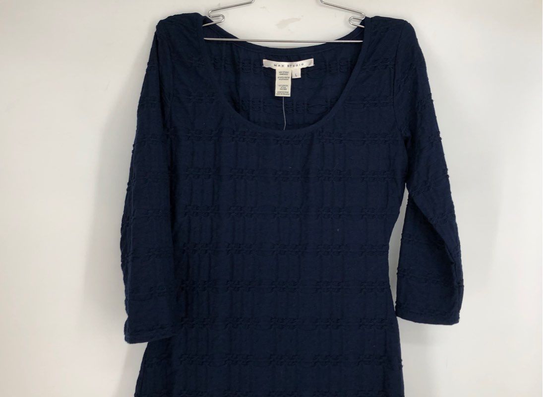 Max Studio NWT Women's Navy Blue Textured Ruched Sheath Dress 3/4 Slee