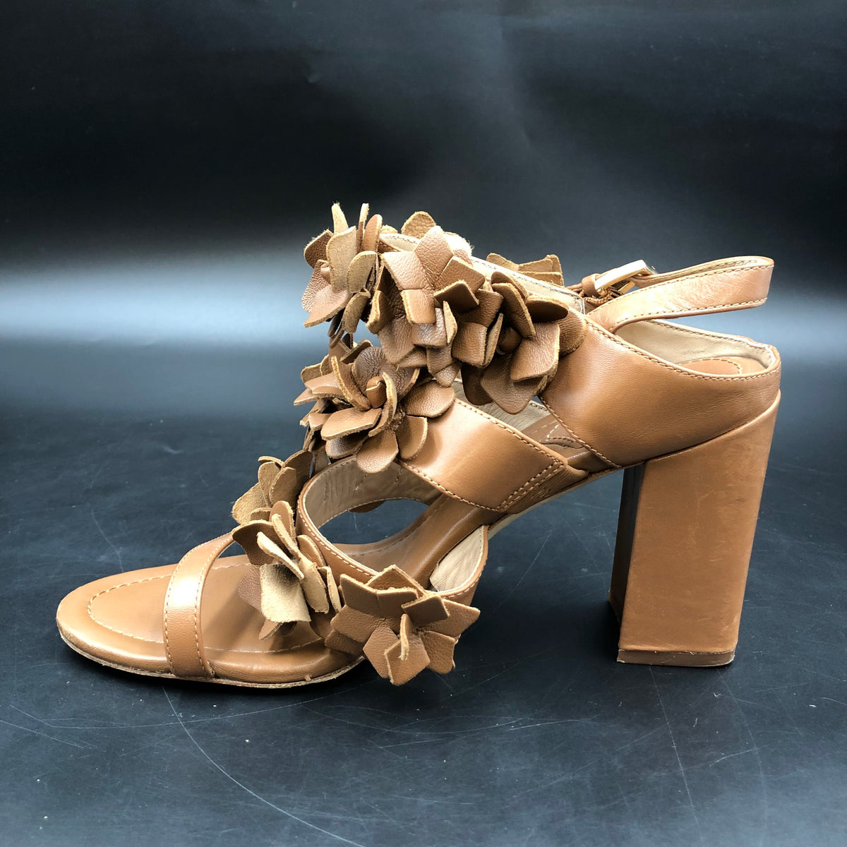 Tory Burch Blossom Floral Applique Brown Leather Block Heel Sandals Size 7 COA