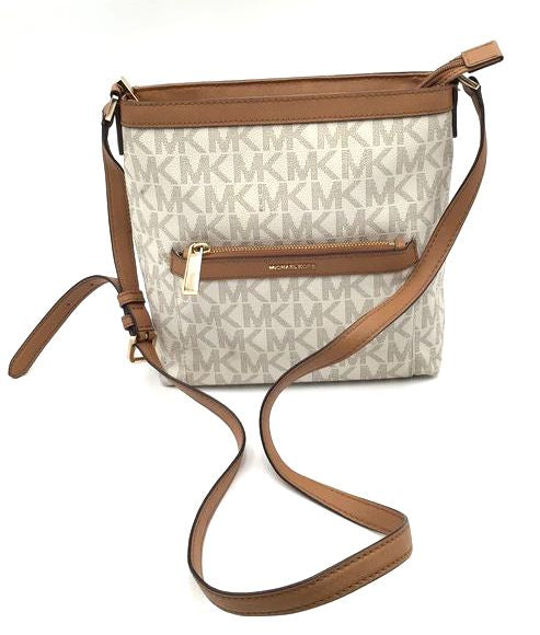 Authentic Michael Kors Women&#39;s Beige Signature Crossbody Bag - COA Included